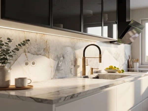 Modern minimalist marble countertop in dappled light.