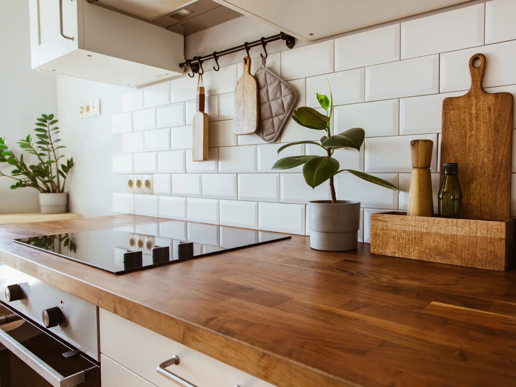 Warm wooden countertop in boho kitchen.