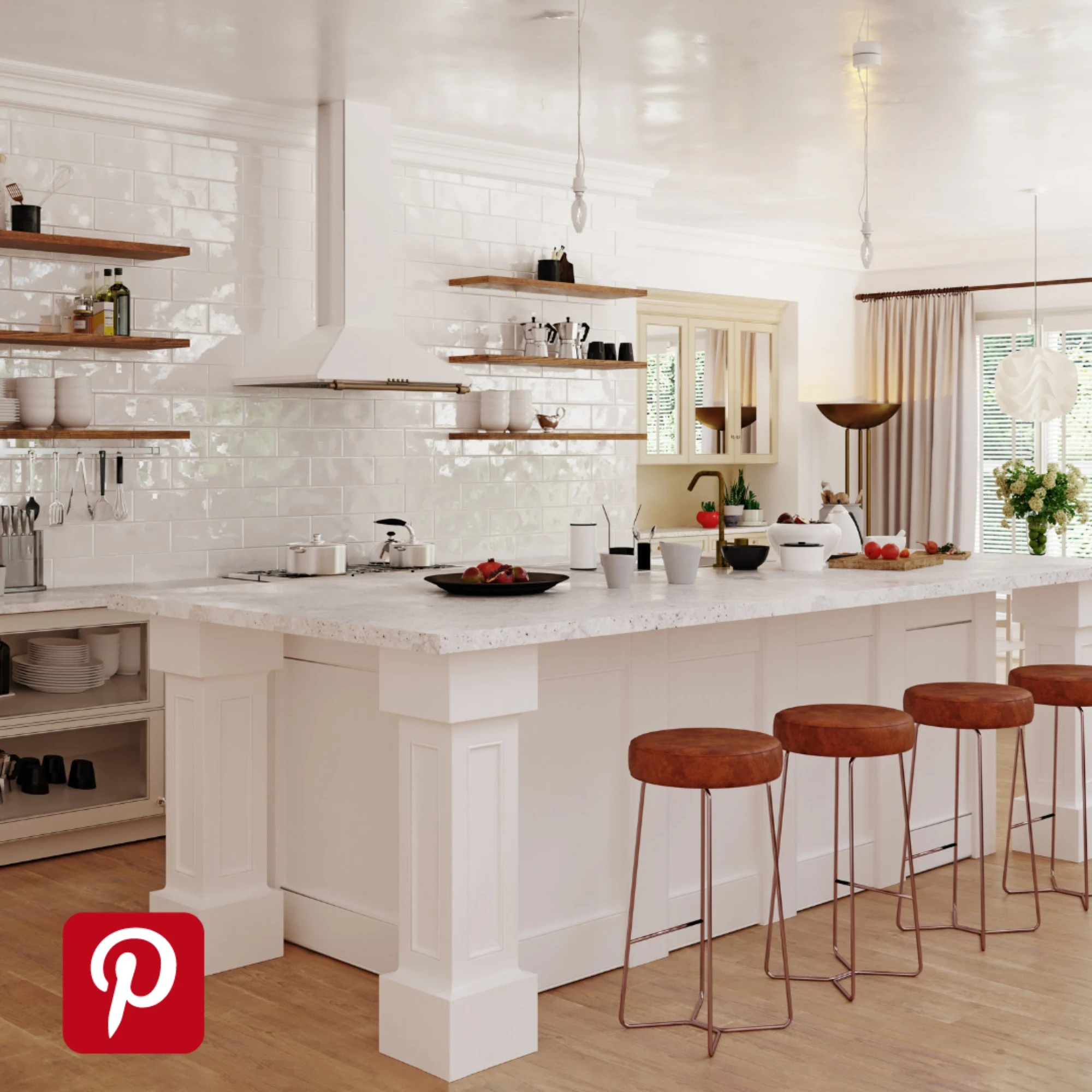 Pinterest luxury white kitchen with brown bar stools and architectural columns featured on island.