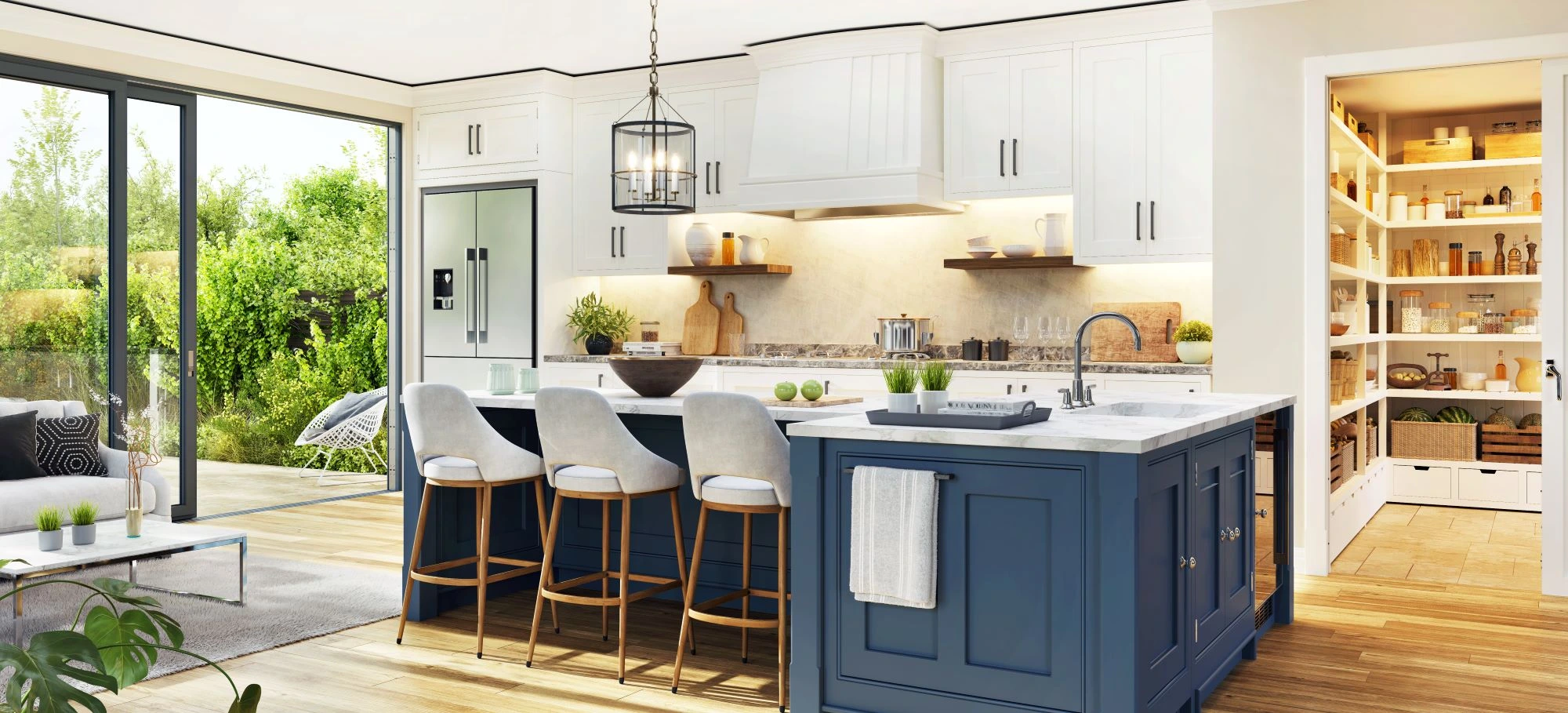 A kitchen with a large island open to the lush back garden.