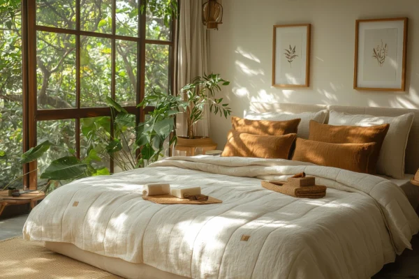 Neutral bedroom interior with warm tones, linen bedding and house plants.
