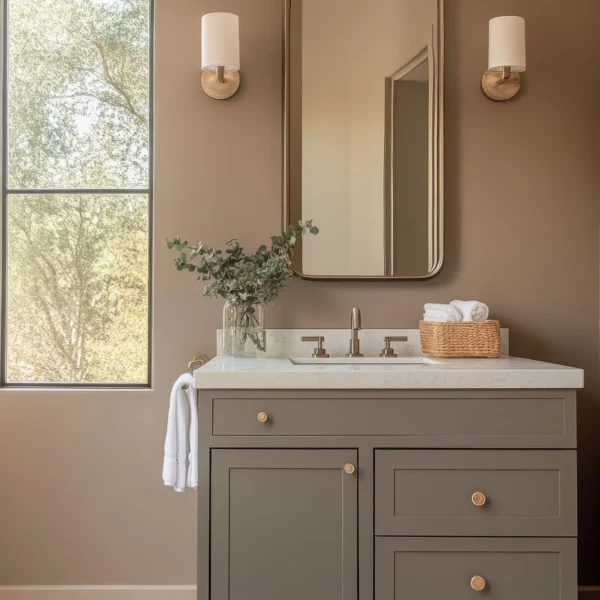 Neutral bathroom featuring a stylish shaker bath vanity. Explore elegant and functional bathroom design for your home.