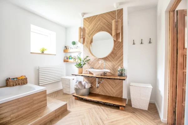 A boho-style bathroom with a wooden vanity, round mirror, and a mix of textures.