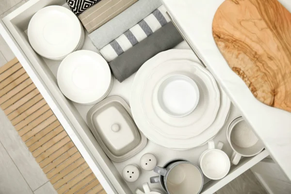 A neatly organised white kitchen drawer containing white plates and mugs stacked, plus a grey butter dish.