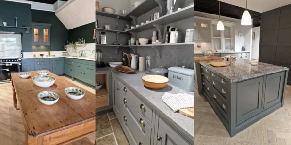Three kitchens side by side, showcasing wooden farmhouse kitchen table, a pantry, and a granite kitchen island.