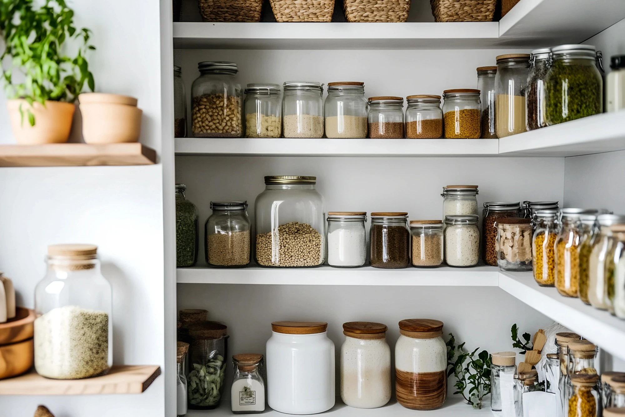 A white walk-in larder with shelves stacked with jars of various cooking ingredients.