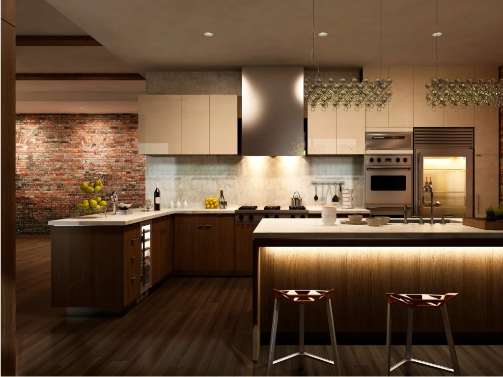 An industrial-modern kitchen with dark wood cabinetry, an exposed brick wall, and a lit island with unique geometric barstools.