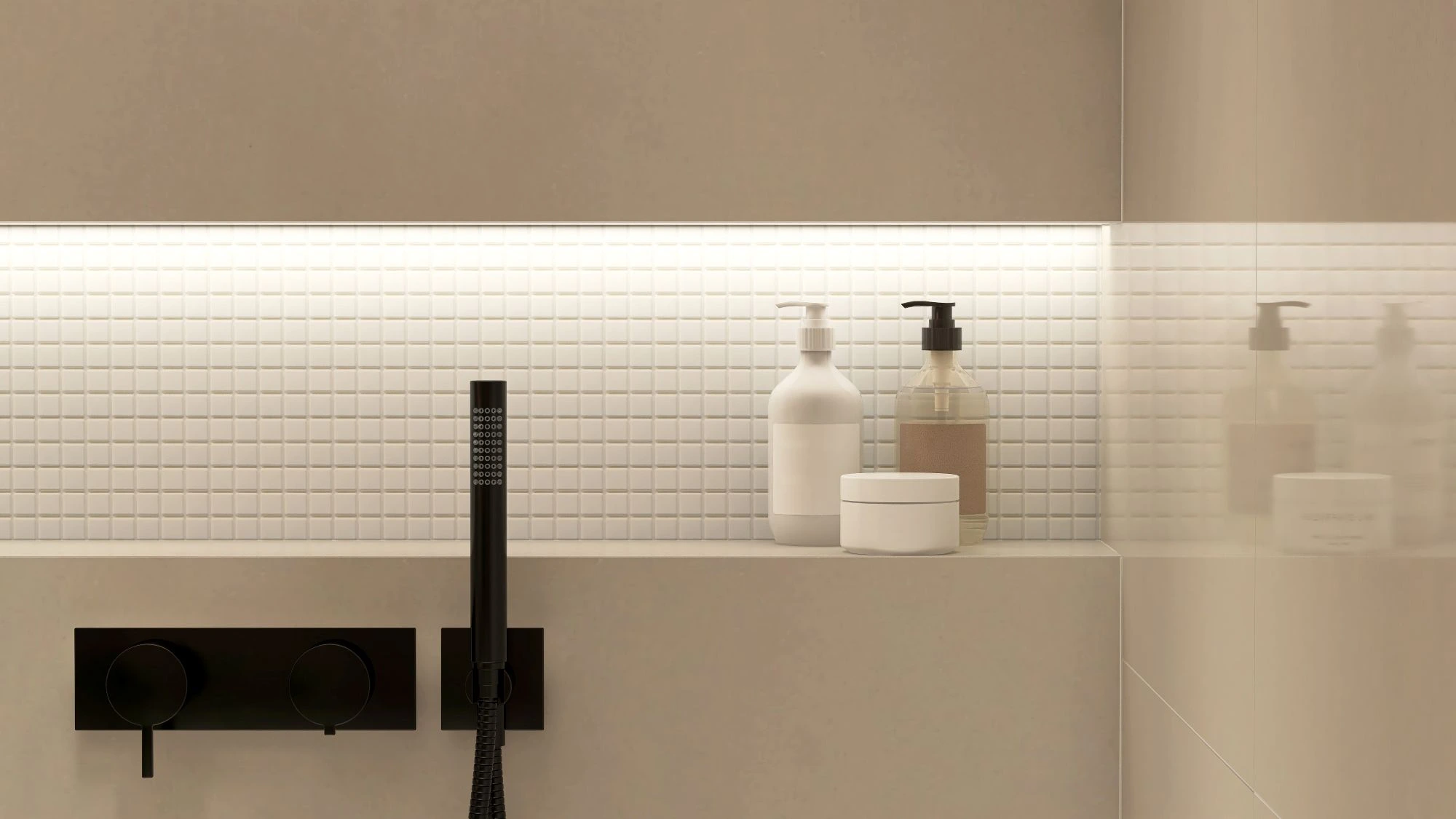 Luxury bathroom with a wall niche.