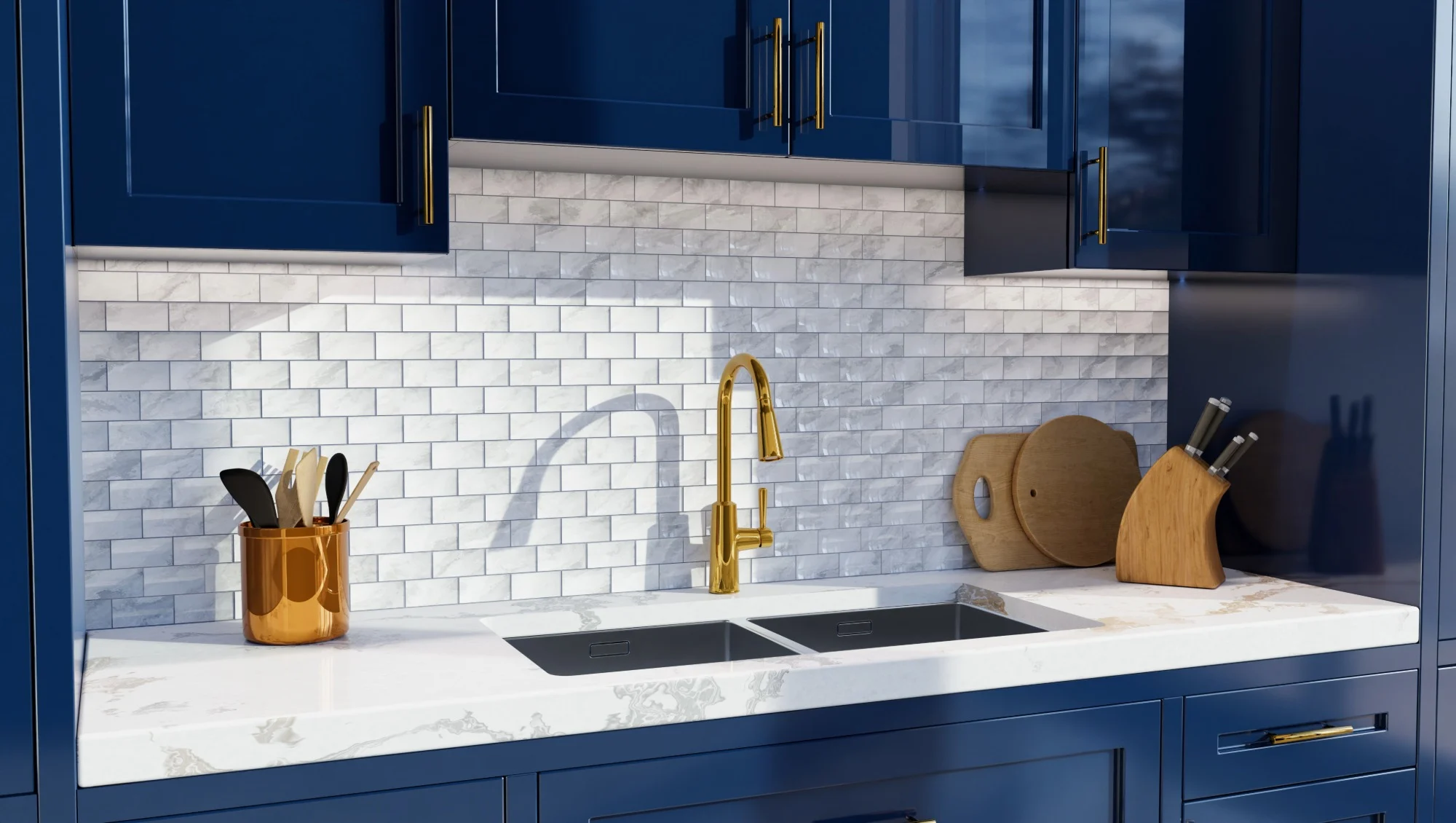 A shaker kitchen with navy blue cabinetry and gold handles.