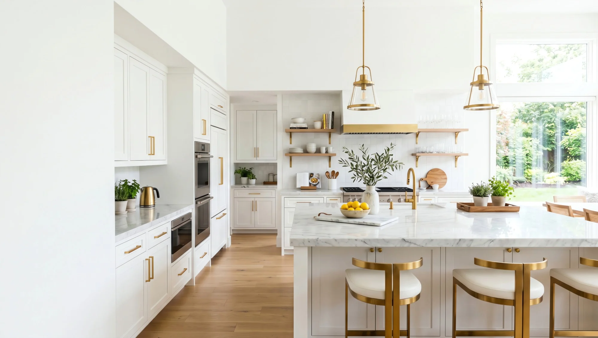A white, modern shaker style kitchen with white cabinetry, brass handles and accents, and a kitchen island with a marble countertop.